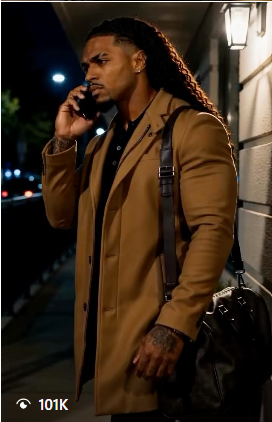 In the Closet scene — lead character in a camel coat on a late-night phone call