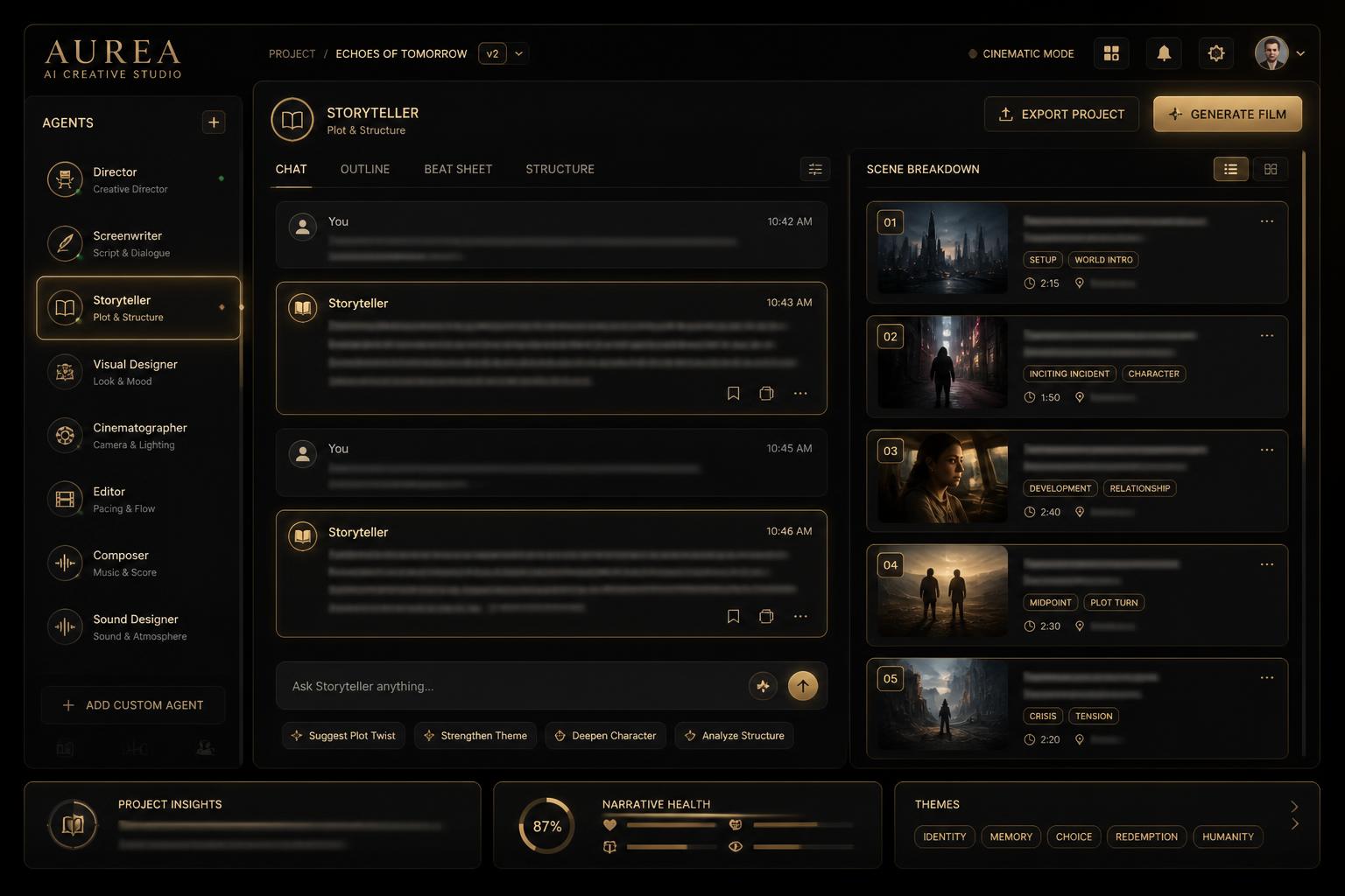 LC AI Team Studio interface with the Cinematic Storytelling Agent highlighted