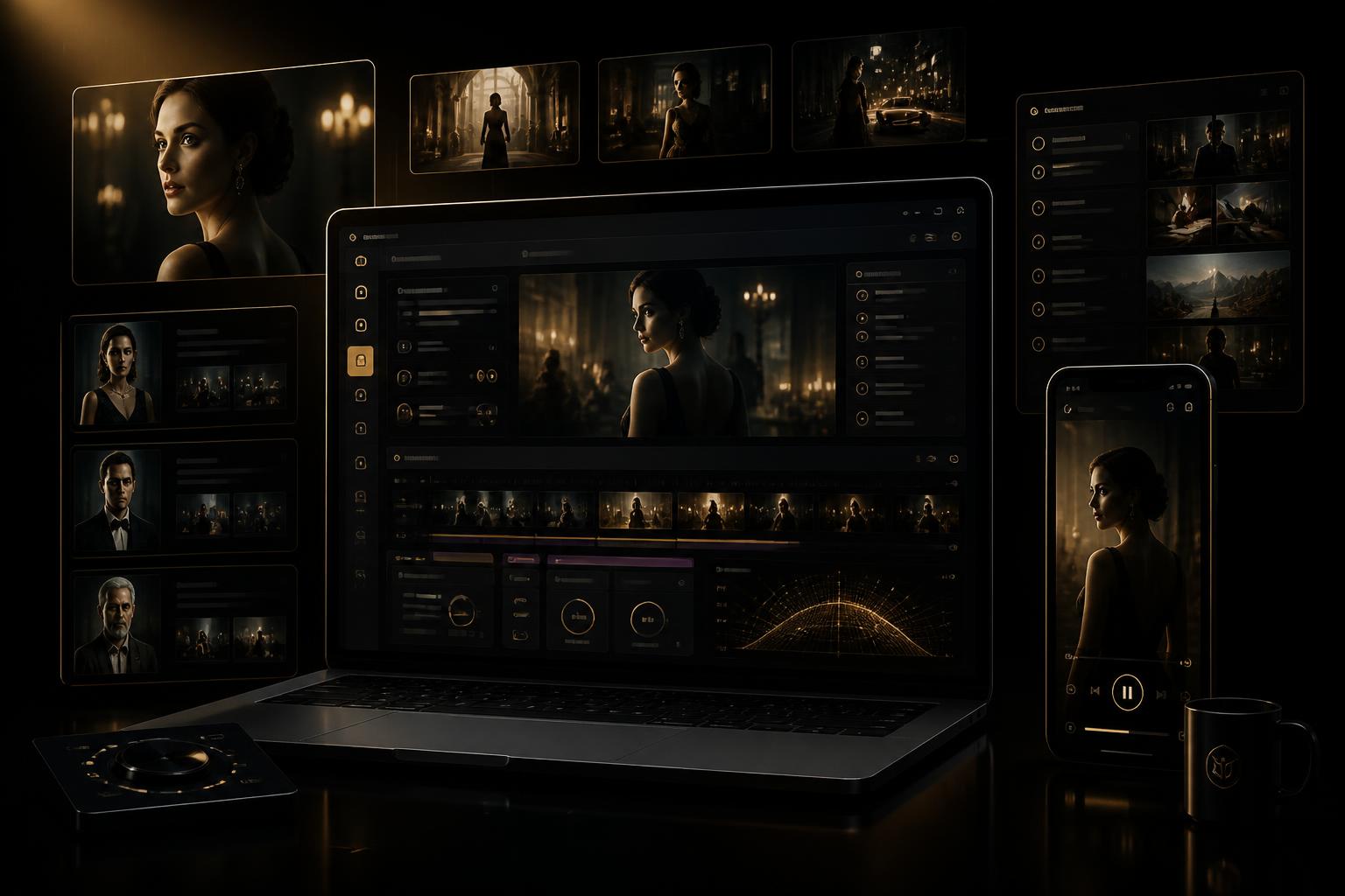 LC AI Team Studio shown on a laptop surrounded by cinematic AI video frames, character references and scene cards